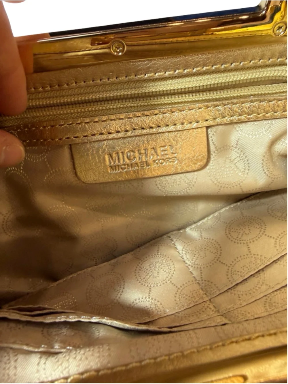 Michael Kors Metallic Gold Leather Chain Shoulder Bag Framed Evening Clutch